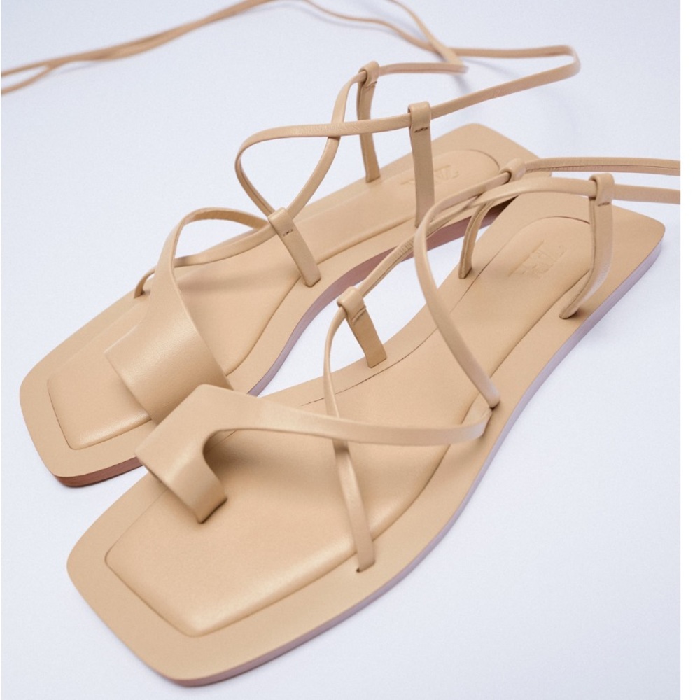 Zara Beige Leather ankle tie sandals